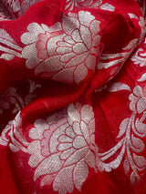 Bright Red Pure Banarasi Khaddi Georgette Silk Saree with Sliver Zari Weave | SILK MARK CERTIFIED - Kaash