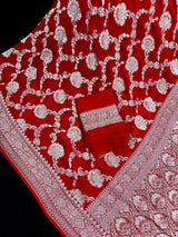 Bright Red Pure Banarasi Khaddi Georgette Silk Saree with Sliver Zari Weave | SILK MARK CERTIFIED - Kaash