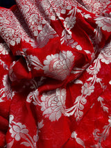 Bright Red Pure Banarasi Khaddi Georgette Silk Saree with Sliver Zari Weave | SILK MARK CERTIFIED - Kaash