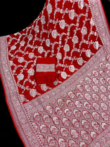 Bright Red Pure Banarasi Khaddi Georgette Silk Saree with Sliver Zari Weave | SILK MARK CERTIFIED - Kaash