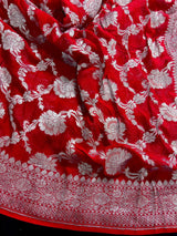 Bright Red Pure Banarasi Khaddi Georgette Silk Saree with Sliver Zari Weave | SILK MARK CERTIFIED - Kaash