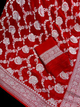 Bright Red Pure Banarasi Khaddi Georgette Silk Saree with Sliver Zari Weave | SILK MARK CERTIFIED - Kaash
