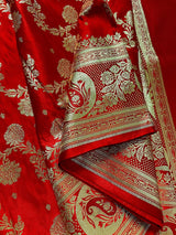 Bright Red Banarasi saree in banarasi satin silk with gold zari jaal weaving — Kaash Collection