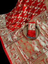 Bright Red Traditional Banarasi Satin Silk Saree with Gold Zari Jaal Weave - Kaash