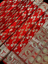 Bright Red Traditional Banarasi Satin Silk Saree with Gold Zari Jaal Weave - Kaash
