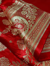 Bright Red Traditional Banarasi Satin Silk Saree with Gold Zari Jaal Weave - Kaash