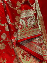 Bright Red Traditional Banarasi Satin Silk Saree with Gold Zari Jaal Weave - Kaash