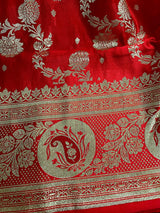 Bright Red Traditional Banarasi Satin Silk Saree with Gold Zari Jaal Weave - Kaash
