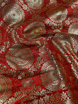 Bright Red Traditional Banarasi Satin Silk Saree with Gold Zari Jaal Weave - Kaash