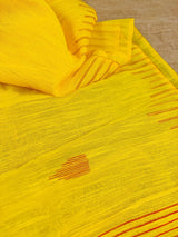 Bright Yellow and Peach Pure Handloom Cotton Saree with Thrread Work - Kaash
