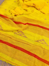 Bright Yellow and Peach Pure Handloom Cotton Saree with Thrread Work - Kaash