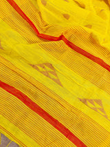 Bright Yellow and Peach Pure Handloom Cotton Saree with Thrread Work - Kaash