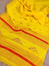 Bright Yellow and Peach Pure Handloom Cotton Saree with Thrread Work - Kaash