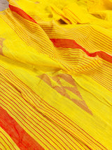 Bright Yellow and Peach Pure Handloom Cotton Saree with Thrread Work - Kaash
