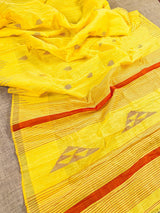 Bright Yellow and Peach Pure Handloom Cotton Saree with Thrread Work - Kaash