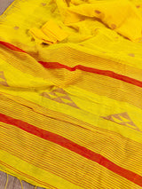 Bright Yellow and Peach Pure Handloom Cotton Saree with Thrread Work - Kaash