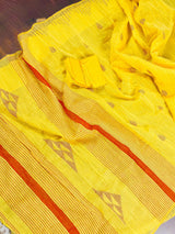 Bright Yellow and Peach Pure Handloom Cotton Saree with Thrread Work - Kaash