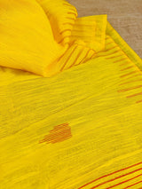 Bright Yellow and Peach Pure Handloom Cotton Saree with Thrread Work - Kaash