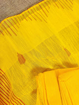 Bright Yellow and Peach Pure Handloom Cotton Saree with Thrread Work - Kaash