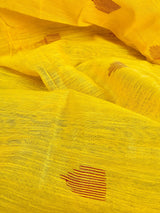 Bright Yellow and Peach Pure Handloom Cotton Saree with Thrread Work - Kaash