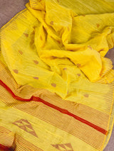 Bright Yellow and Peach Pure Handloom Cotton Saree with Thrread Work - Kaash