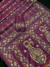 Burgundy Color Bangalori Silk Saree with Hand Kantha Stitch - Handwoven Kantha Stitch Sarees - Kantha Saress - Kaash