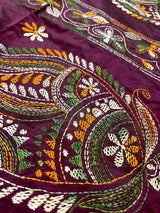 Burgundy Color Bangalori Silk Saree with Hand Kantha Stitch - Handwoven Kantha Stitch Sarees - Kantha Saress - Kaash