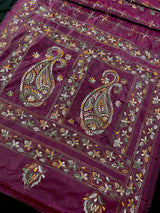 Burgundy Color Bangalori Silk Saree with Hand Kantha Stitch - Handwoven Kantha Stitch Sarees - Kantha Saress - Kaash