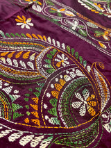 Burgundy Color Bangalori Silk Saree with Hand Kantha Stitch - Handwoven Kantha Stitch Sarees - Kantha Saress - Kaash