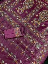 Burgundy Color Bangalori Silk Saree with Hand Kantha Stitch - Handwoven Kantha Stitch Sarees - Kantha Saress - Kaash