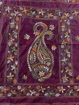 Burgundy Color Bangalori Silk Saree with Hand Kantha Stitch - Handwoven Kantha Stitch Sarees - Kantha Saress - Kaash