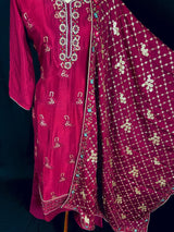 Burgundy readymade salwar kameez for women — pure chinon silk kameez, pant bottom, georgette dupatta — Kaash Collection