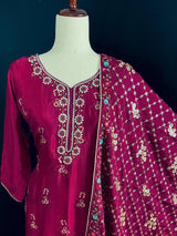 Burgundy readymade salwar kameez for women — pure chinon silk kameez, pant bottom, georgette dupatta — Kaash Collection