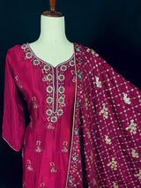 Burgundy readymade salwar kameez for women — pure chinon silk kameez, pant bottom, georgette dupatta — Kaash Collection