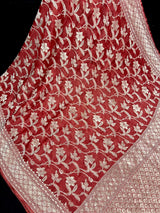 Burnt Red Banarasi saree in pure khaddi georgette tissue with muted gold zari jaal weaving — Kaash Collection
