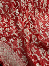 Burnt Red Banarasi saree in pure khaddi georgette tissue with muted gold zari jaal weaving — Kaash Collection