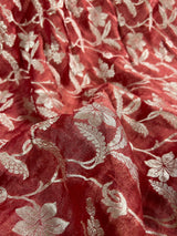 Burnt Red Banarasi saree in pure khaddi georgette tissue with muted gold zari jaal weaving — Kaash Collection