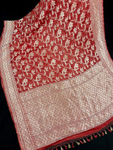 Burnt Red Banarasi saree in pure khaddi georgette tissue with muted gold zari jaal weaving — Kaash Collection