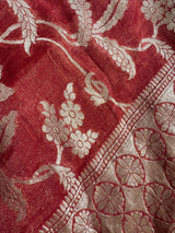 Burnt Red Banarasi saree in pure khaddi georgette tissue with muted gold zari jaal weaving — Kaash Collection