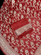 Burnt Red Color Pure Khaddi Georgette Tissue Banarasi Silk Saree with Floral Jaal | SILK MARK CERTIFIED Saree - Kaash