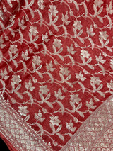Burnt Red Color Pure Khaddi Georgette Tissue Banarasi Silk Saree with Floral Jaal | SILK MARK CERTIFIED Saree - Kaash