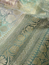 Pastel Soft Aqua with Multi-Color pure khaddi georgette banarasi silk saree with muted gold zari with multi-color weave — Kaash Collection