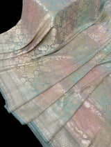 Pastel Soft Aqua with Multi-Color pure khaddi georgette banarasi silk saree with muted gold zari with multi-color weave — Kaash Collection