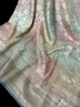 Pastel Soft Aqua with Multi-Color pure khaddi georgette banarasi silk saree with muted gold zari with multi-color weave — Kaash Collection