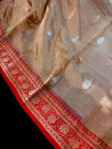 Champagne Gold and Red Color Pure Tissue Banarasi Silk Saree with Kadhua Weave (Silk Mark Certified) - Kaash