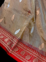 Champagne Gold and Red Color Pure Tissue Banarasi Silk Saree with Kadhua Weave (Silk Mark Certified) - Kaash
