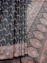 Charcoal Grey Banarasi Mashru saree in banarasi semi pure mashru silk with copper zari with banarasi gold border — Kaash Collection