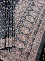 Charcoal Grey Banarasi Mashru saree in banarasi semi pure mashru silk with copper zari with banarasi gold border — Kaash Collection