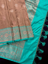 Silk Mark Certified Chiku & Turquoise Kadhua saree in pure katan silk with kadhua weave with meenakari flower butta — Kaash Collection