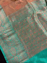 Silk Mark Certified Chiku & Turquoise Kadhua saree in pure katan silk with kadhua weave with meenakari flower butta — Kaash Collection